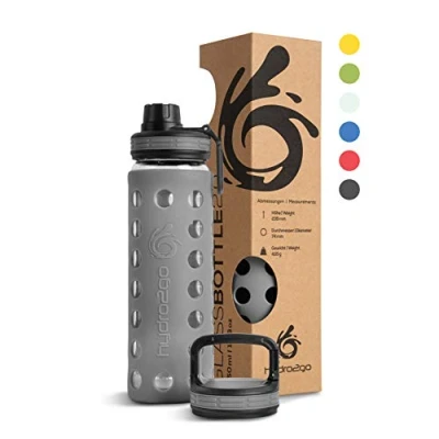 Abbildung von hydro2go® Trinkflasche aus Glas mit Silikonhülle 550 ml spülmaschinenfest 2 auswechselbare Deckel 100% Auslaufsicher BPA frei Glasflasche für Kinder, Büro, Fitness, Yoga, Sport &amp; Outdoor