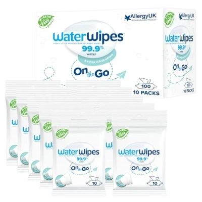 Abbildung von WaterWipes Tücher für unterwegs, 100 (10 Packungen), Feuchttücher auf 99.9% iger Wasserbasis, ideal Gesicht und Körper