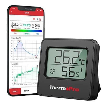 Abbildung von ThermoPro TP357B 80m Bluetooth Hygrometer Innen Thermometer für Innenräume mit APP Mini Luftfeuchtigkeitsmesser Smiley Indikator Datengrafik Büro, Weinkeller, Gewächshaus Schwarz