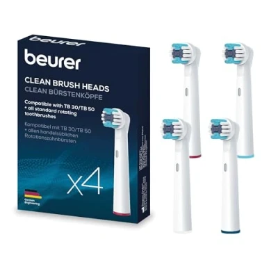 Abbildung von Beurer TB 30/50 Aufsteckbürsten für elektrische Zahnbürste, Oral B kompatible Bürstenköpfe, Clean, 4 Stück, weiße Ersatzbürsten