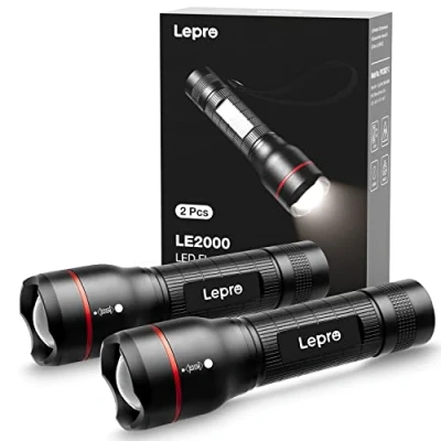 Abbildung von Lepro LED Taschenlampe, LE2000 Extrem Hell Taschenlampen mit 5 Modi, Zoombare Camping Handlampe, wasserdichte Flashlight für Camping, Outdoor, Wandern, Angeln, Geschenk (2 Stück)