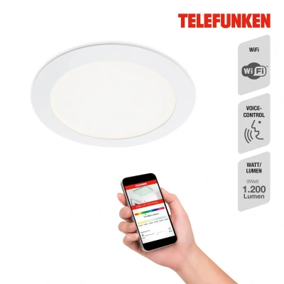Abbildung von TELEFUNKEN LED Einbauleuchte, WiFi Einbaustrahler, dimmbar, RGB, Farbtemperatursteuerung, App Steuerung, steuerbar via Fernbedienung, Amazon Echo, Google Home, 12 Watt, 1200 Lumen, Weiß, Ø 17cm