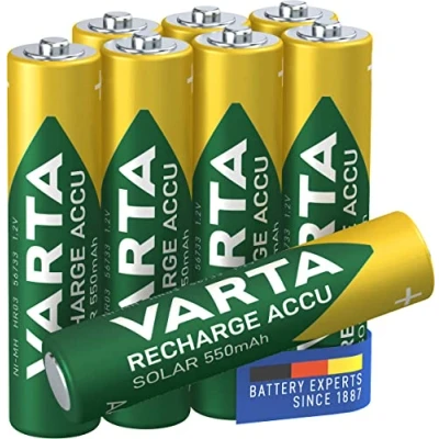 Abbildung von VARTA Batterien AAA, wiederaufladbar, 8 Stück, Recharge Accu Solar, Akku, 550 mAh Ni MH, sofort einsatzbereit, für Solar Gartenleuchten entwickelt