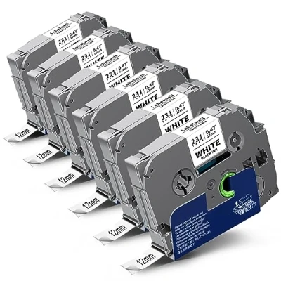 Abbildung von 6x kompatibel TZe 231 TZ 12mm Tape 0.47 Laminated Schriftband für Brother Ptouch Beschriftungsgerät PT H107B H100LB H105WB D210 H110 1000 D400 D600VP P710BT E100 TZe231 TZ231 Schwarz auf Weiß Bänder