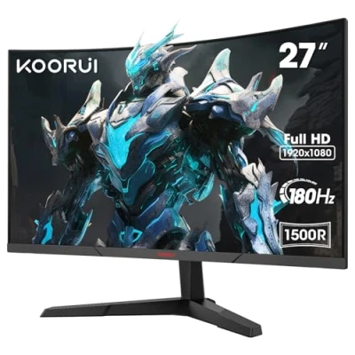 Abbildung von KOORUI 27 Zoll Curved Gaming Monitor, FHD 1080p, 1ms Reaktionszeit,180Hz Bildwiederholraten, HDMI 2.0/DP 1.2, 250cd/m² Helligkeit, Schwarz 27E6CA