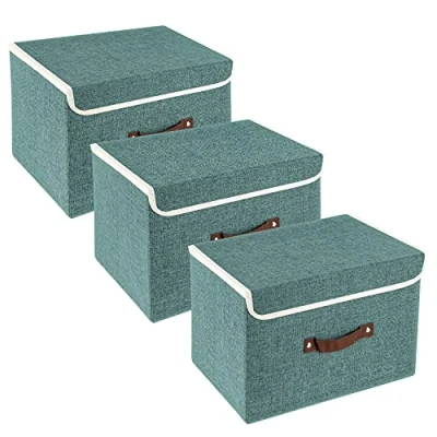 Abbildung von TYEERS Faltbare Aufbewahrungsbox mit Deckel, Stoff, Waschbare, Kisten Aufbewahrung 38x25x25 cm, 3 Stück, Aqua Deep