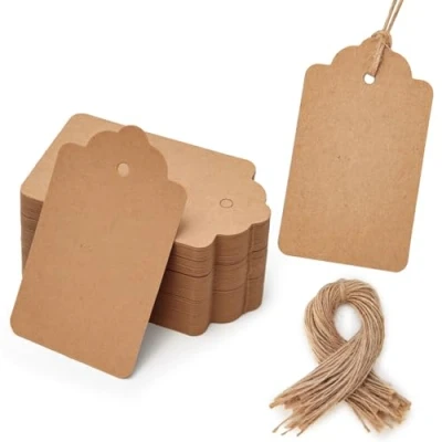 Abbildung von HAKACC 100 Stück Geschenkanhänger &amp; Etiketten, Kraftpapier Blanko 4x7cm, Naturjuteschnur, Ideal für Geschenkverpackung, Hochzeitsdekoration DIY Projekte