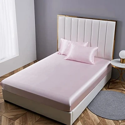 Abbildung von Damier Spannbettlaken 90x200cm Rosa Satin Seide Glänzend Bettlaken Hochwertiges Deluxe Unifarben Spannbetttuch, geeignet für Matratzen bis 30cm