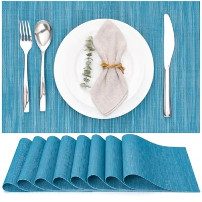 Abbildung von Myir JUN Tischsets Abwaschbar 8er Set, Gewebte Platzdeckchen rutschfest Abgrifffeste Hitzebeständig, Vinyl Platzsets für küche Speisetisch Hotel, Platz Matten30x43.5cm (Blau)