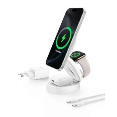 Abbildung von Belkin 3 in 1 Kabellose Ladestation (15W), MagSafe kompatibel, Qi2 zertifiziert, kabelloses Ladegerät für iPhone 16, 15, 14, Apple Watch, AirPods, Rutschfester Sockel, inkl. 36 W Netzteil Weiß