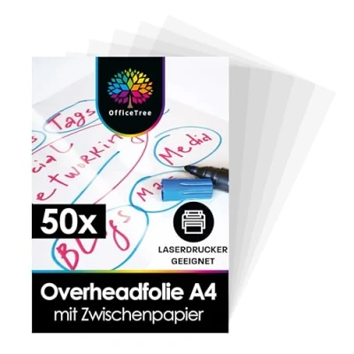 Abbildung von OfficeTree 50 x Overheadfolie A4 OHP Folien glasklar Folie für Laserdrucker Overheadfolien auch als Kopierfolie, Projektorfolie oder Drucker geeignet