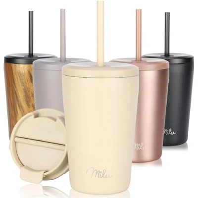 Abbildung von Milu Thermobecher 300ml, 400ml, 500ml 100% Auslaufsicher Edelstahl Kaffeebecher to go isoliert mit Strohhalm hält 10h heiß / 20h kalt, BPA frei (Beige, 400ml)