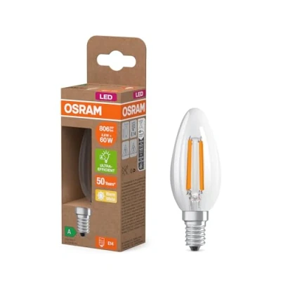 Abbildung von Osram Energy Class LED Lampe in klassischer Minikerzenform, 3.8 W / 806 lm, EEK A, warmweißes Licht (2700 K), CRI 80, aus klarfarbenem bleifreiem Glas, E14 Sockel, IP20, 35 mm Durchmesser.