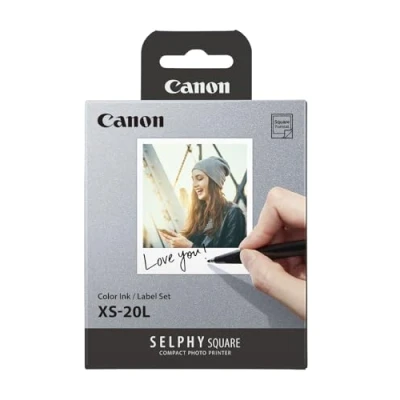 Abbildung von Canon XS 20L Original Farbband/Papierset quadratisch 6,8 x 6,8cm für SELPHY Square QX10 Fotodrucker (20 Blatt, selbstklebend, Kleberückseite, Papierformat 72 85 mm, Thermosublimation)