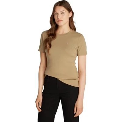 Abbildung von Tommy Hilfiger Damen T Shirt Kurzarm Slim Cody Rundhalsausschnitt, Beige (Safari Canvas), XL