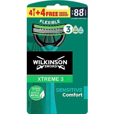 Abbildung von Wilkinson Sword Xtreme 3 Sensitive Einwegrasierer mit weichen Klingen und Aloe Vera &amp; Vitamin E Gleitstreifen 4 Stück