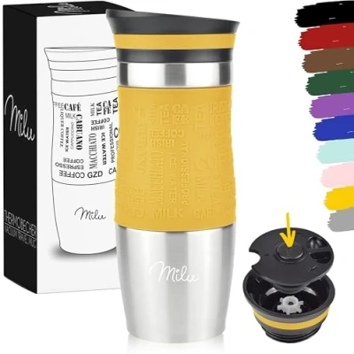 Abbildung von Milu Thermobecher 370ml 450ml Isolierbecher Kaffeebecher to go 100% Auslaufsicher Trinkbecher aus Edelstahl Autobecher doppelwand Isolierung Thermo Becher Travel Mug (Mango, 370ml)