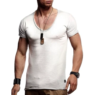 Abbildung von Leif Nelson Sommer T Shirt Herren V Ausschnitt (grau, Größe L) Coole Tshirts Neck Baumwolle Basic Shirts Männer Kurzarm tiefem