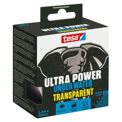 Abbildung von tesa Ultra Power Under Water Transparent wasserfestes Klebeband Abdichtungsband für Pool, Zelt und Dachrinne starke Klebeleistung Reparaturen sogar unter Wasser 1 x Rolle 1,5 m 50 mm