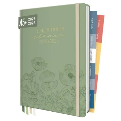 Abbildung von Häfft® Lehrer Planer 2025/2026 A5 + &quot;Green Poppy&quot; Hardcover Lehrerkalender/Schuljahresplaner mit 236 Seiten, Stickern und mehr nachhaltig &amp; klimafreundlich