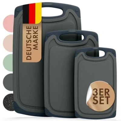 Abbildung von Blumtal Schneidebrett Set mit 3 Größen (S/M/L) Kunststoff groß + Saftrillen &amp; Griff Cutting Board Küchenbrett BPA frei Schneidbrett Spülmaschinenfest Schneidebretter Grau