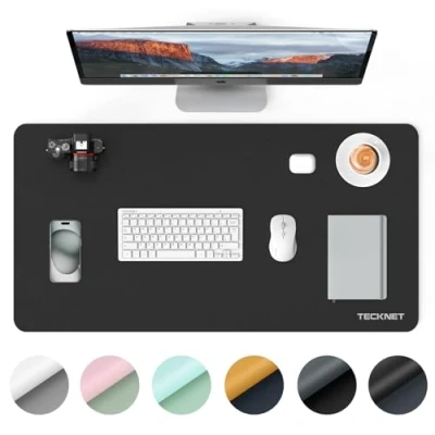 Abbildung von TECKNET Schreibtischunterlage, 80 x 40cm Große Tischschutzpolster,Wasserdichte Laptop Desk Mat,PU Leder Tischunterlage, Abwischbar Doppelseitige Schreibunterlage für Büro/Zuhause (Dunkelgrau/Schwarz)