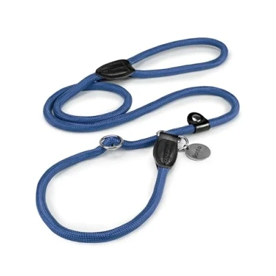 Abbildung von lionto Retrieverleine robust und wetterfest für Hunde Aller Größen, schnell anzulegende Hundeleine Halsband in Einem, 120 cm, fellschonende Führleine mit integriertem Zugstopp, vegan, blau