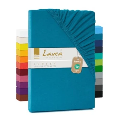 Abbildung von Lavea Spannbettlaken 120x200cm aus atmungsaktiver Baumwolle Passgenau für Standardmatratzen bis 20cm Türkises Bettlaken mit Gummizug Jersey Spannbetttuch