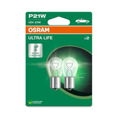 Abbildung von Osram ULTRA LIFE P21W, Halogen Signallampe, Bremslicht, Nebelschlussleuchte, 7506ULT 2BL, 12V PKW, Doppelblister (2 Stück), white