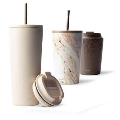Abbildung von MAMEIDO Thermobecher mit Strohhalm 700ml &amp; 470ml Trinkbecher Deckel und aus Edelstahl doppelwandig isoliert, auslaufsicher Coffee to go Becher (Ivory Beige, 0,7l)