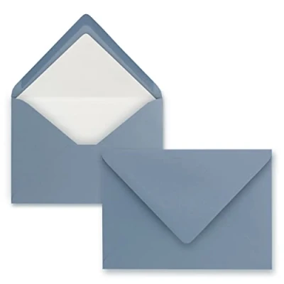 Abbildung von 75 Briefumschläge in Graublau (Blau) mit weißem Innenfutter Kuverts DIN B6 Format 12,5 x 17,6 cm Seidenfutter Nassklebung