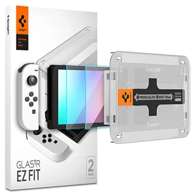 Abbildung von Spigen Glas.tR EZ Fit Schutzfolie kompatibel mit Nintendo Switch OLED 2021, 2 Stück, Schablone für Installation, Kristallklar, Kratzfest, 9H Härte Folie