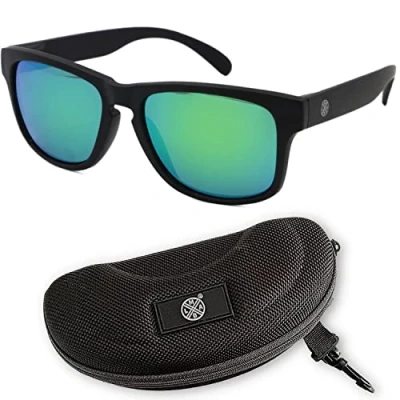 Abbildung von LMAB Schwimmende Polbrille, Polarisationsbrille zum Angeln, Modell Sclera verspiegelt mit Etui und Tasche, Farbe Black/Emerald Revo 91