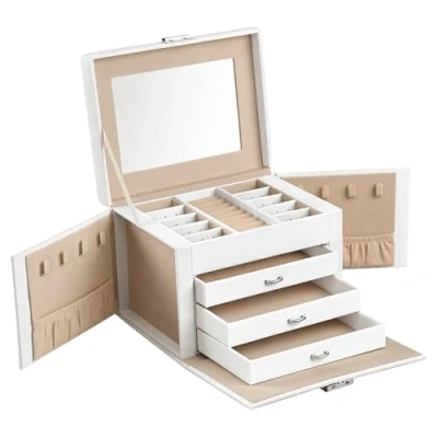 Abbildung von SONGMICS Schmuckkästchen 4 Ebenen, Schmuckkasten mit Griff, 3 Schubladen, Schmuckschatulle Spiegel, Schloss, Schmuckaufbewahrung, Bezug in Wolkenweiß, Innenfutter Sandbeige JBC159W01