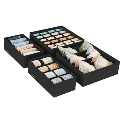 Abbildung von SONGMICS Unterwäsche Organizer 4er Set, Schubladen Organizer, faltbar, Ordnungssystem Kleiderschrank, Aufbewahrungsbox Schrank, Stoffboxen Aufbewahrung, für BHs, Socken, Krawatten, schwarz RUS04H
