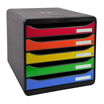 Abbildung von Exacompta 3097298D Premium Ablagebox mit 5 Schubladen für DIN A4+ Dokumente. Stapelbare Schubladenbox hoher Kapazität mehr Platz auf dem Schreibtisch Big Box Plus Glossy SchwarzHarlekin