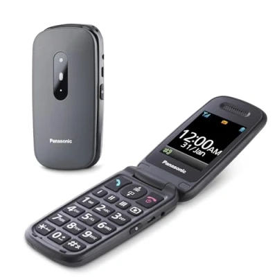 Abbildung von Panasonic KX TU446EXG Seniorenhandy zum Aufklappen ohne Vertrag (SOS Notruftaste, Stoßfest, Sprachverstärker, große getrennte Tasten, Schrift und Nummernanzeige) grau