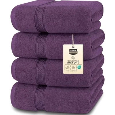 Abbildung von Utopia Towels 4er Pack Badetücher Set Premium 100% ringgesponnene Baumwolle 69 x 137 cm Handtücher, sehr saugfähig, weiches Gefühl Duschtücher (Pflaume)