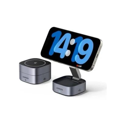Abbildung von UGREEN MagFlow 2 in 1 iPhone Ladestation kompatibel mit MagSafe faltbares Wireless Charger für 16/16 Pro/16 Pro Max/15/14/13/12, AirPods, Winkel Einstellbarer Ladeständer, 1M Kabel