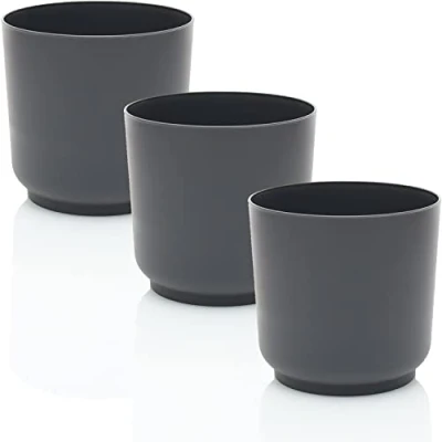 Abbildung von idea station Blumentopf Set 3 x 15 cm anthrazit bruchsichere Blumentöpfe aus Plastik für verschiedenste Pflanzen, Blumen Matte Übertöpfe innen und außen