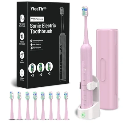 Abbildung von Elektrische Zahnbürste, Schallzahnbürste für Erwachsene und Kinder, Electric Toothbrush mit 5 Putzmodi 3 Intensitätsstufen Integrierter Timer 8 Zahnbürstenköpfen, Reiseetui, Rosa