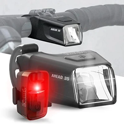 Abbildung von Büchel Ahead Fahrradlichter Set I 35/15 Lux Design genau mittig am Lenker StVZO zugelassen Aufladbares Fahrrad licht LED für vorne + hinten Rücklicht, fahrradlicht, Schwarz