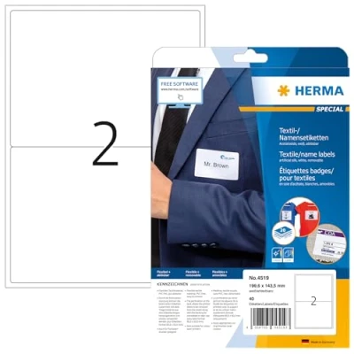 Abbildung von HERMA 4519 Namensetiketten ablösbar, 20 Blatt, 199,6 x 143,5 mm, 2 pro A4 Bogen, 40 Stück, selbstklebend, bedruckbar, rückstandsfrei abziehbare Acetatseide Namensaufkleber Etiketten, weiß
