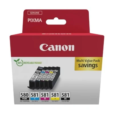 Abbildung von Canon PGI 580 CLI 581 BK C M Y PGBK Vorteilspack 5 Tintenpatronen (Schwarz, Cyan, Magenta, Gelb, Pigment Schwarz) Original [Umweltfreundl. Recycle Kartonverpackung 2024 mit Diebstahl Sicherung]
