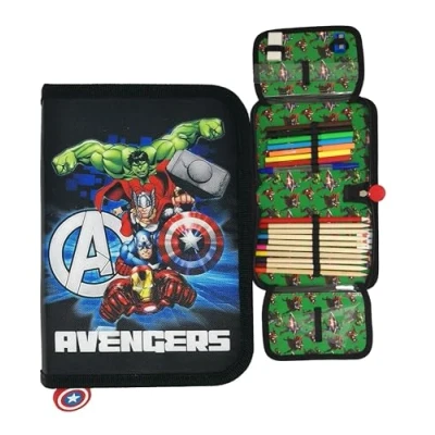 Abbildung von Theonoi Kinder Federmäppchen Federtasche Federmappe Mäppchen Etui 2 Fach Doppeldecker Schüleretui Stifteetui gefüllt Federpenal Schulzubehör Einschulung Junge (Avengers)