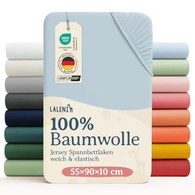 Abbildung von Laleni Jersey Spannbettlaken 55x90 cm Beistellbett Oeko TEX zertifiziertes Stubenwagen Bezug aus 100% Baumwolle Kinderwagen Baby Bettwäsche Hellblau