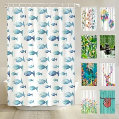 Abbildung von arteneur® Blaue Fische Anti Schimmel Duschvorhang 180x200 Öko Tex Standard 100 Beschwerter Saum, Blickdicht, Wasserdicht, Waschbar, 12 Ringe
