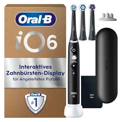 Abbildung von Oral B iO Series 6 PLUS Edition Elektrische Zahnbürste/Electric Toothbrush, 3 Aufsteckbürsten, 5 Putzmodi für Zahnpflege, Reiseetui, Designed by Braun, black lava