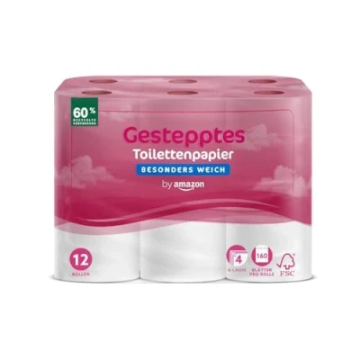 Abbildung von by Amazon Toilettenpapier, 4 lagig Gestepptes, Besonders Weich, 12 Rollen, 1 er Pack, 160 Blätter pro Rolle, FSC Zertifiziert
