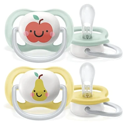 Abbildung von Philips Avent ultra air Schnuller 2er Pack, BPA freier, atmungsaktiver für Babys von 0 6 Monaten, inklusive Transport und Sterilisationsbox, Apfel/Birne (Modell SCF080/17)